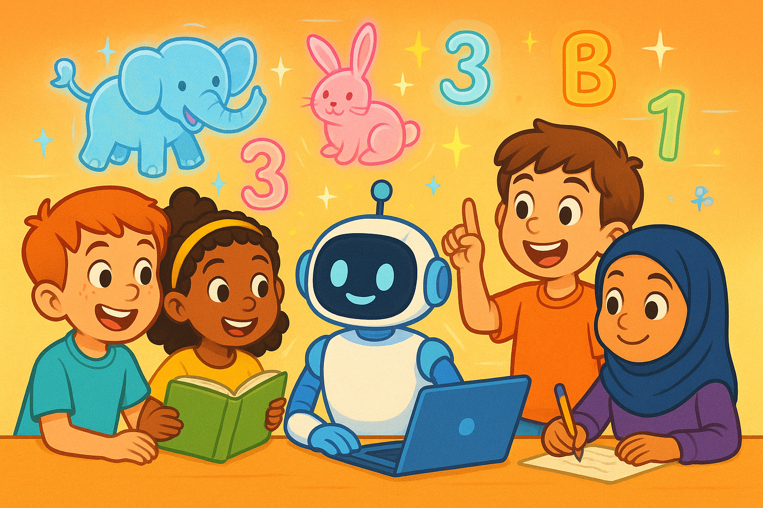 Children learning languages with a friendly AI robot tutor and playful holographic letters.